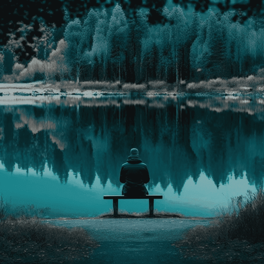 Person introspecting in a calming natural setting, representing self-awareness in managing functioning depression